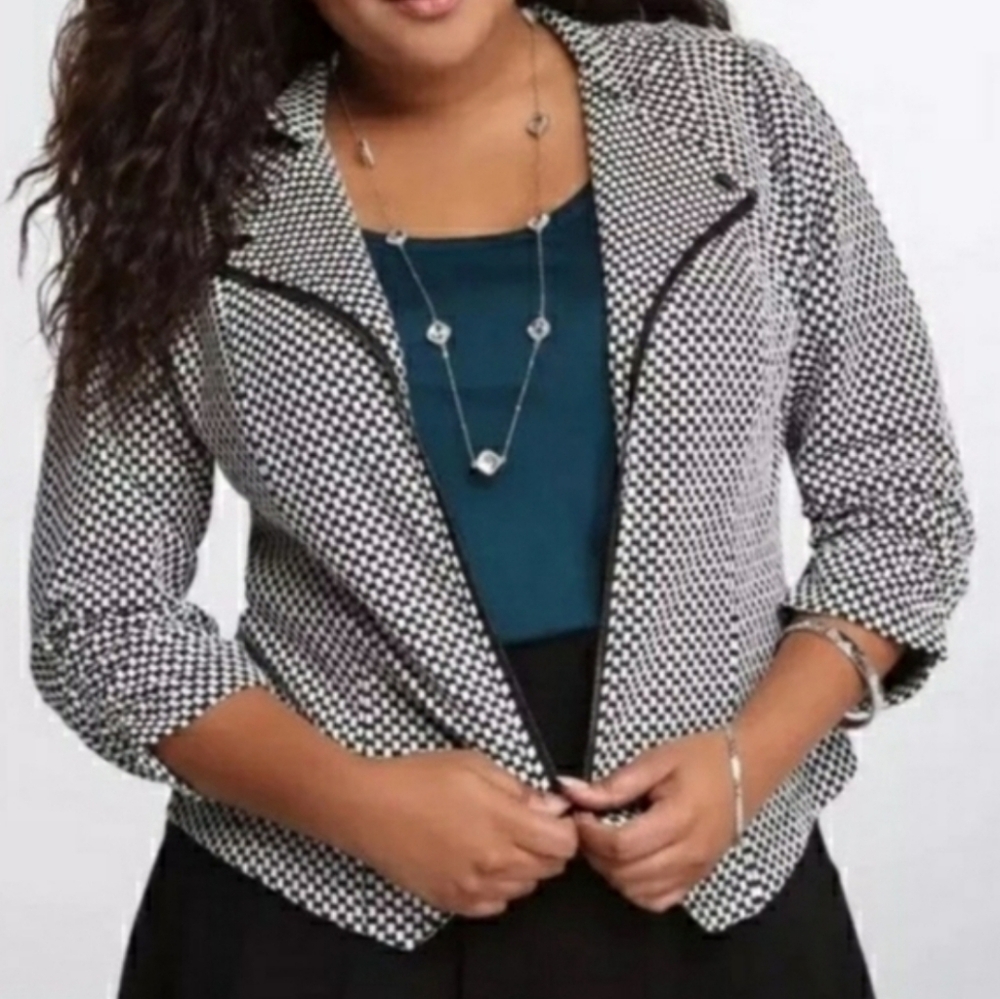 Torrid Checked Jacket Black & White Blazer 3/4 Sleeve Full Zip Womens Size 1